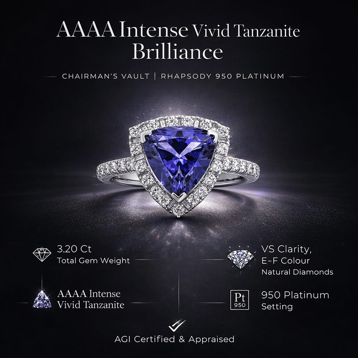 Rhapsody 950 Platinum AGI Certified &amp; Appraised AAAA Intense Vivid Tanzanite &amp; (VS-E-F) Natural Diamond Halo Ring 3.20 Ct. 8373884 6