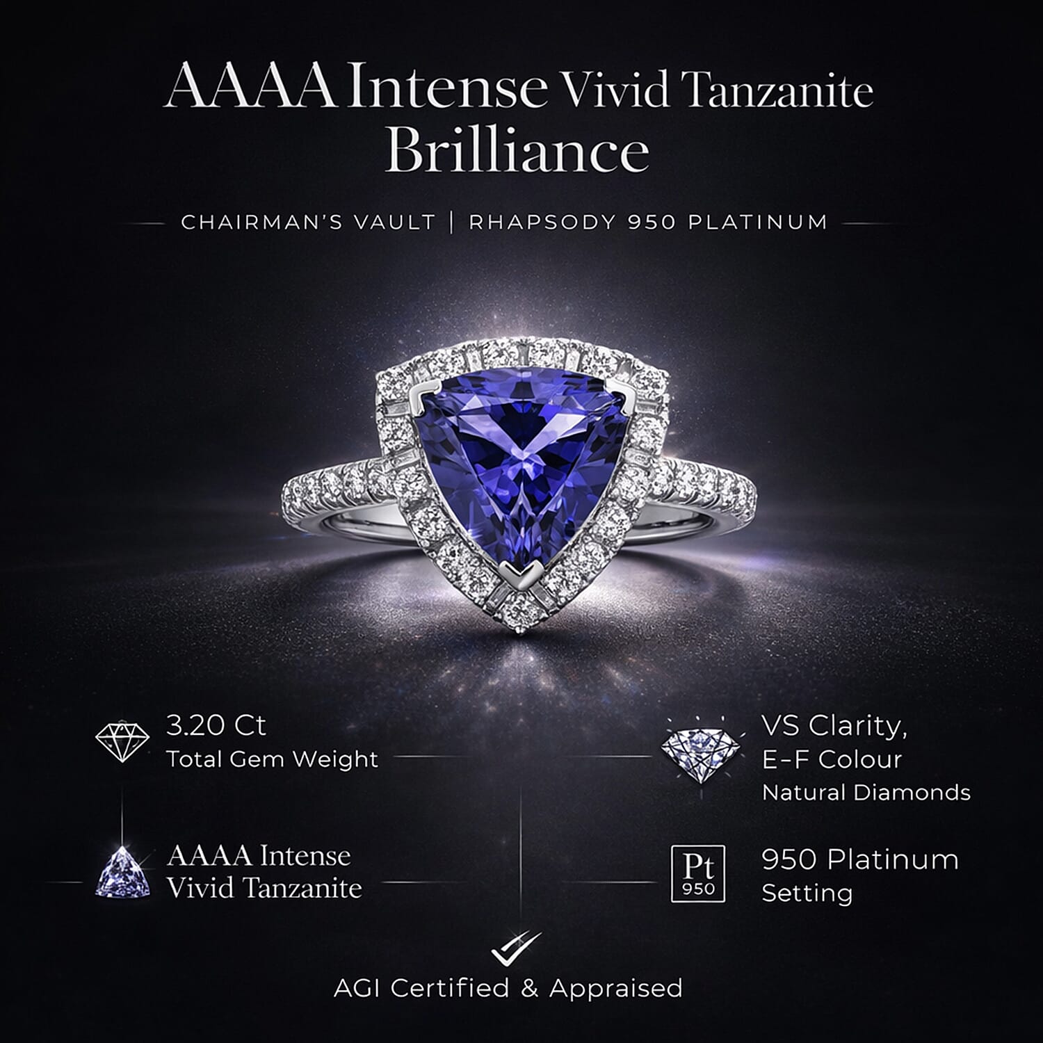 Rhapsody 950 Platinum AGI Certified &amp; Appraised AAAA Intense Vivid Tanzanite &amp; (VS-E-F) Natural Diamond Halo Ring 3.20 Ct. 8373884 6