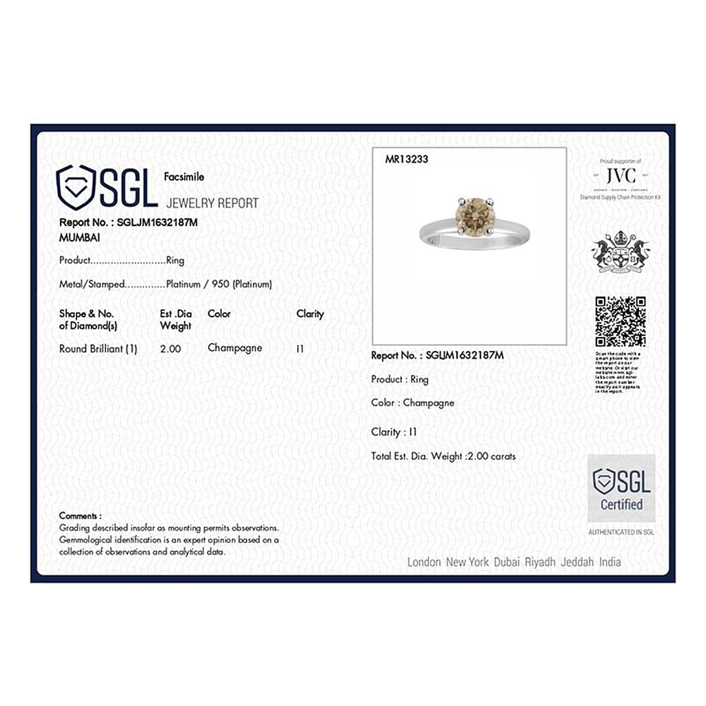 TONY DINIZ PRIVATE COLLECTION - 950 Platinum SGL Certified Natural Champagne Diamond Solitaire Ring 2.00 Ct.
