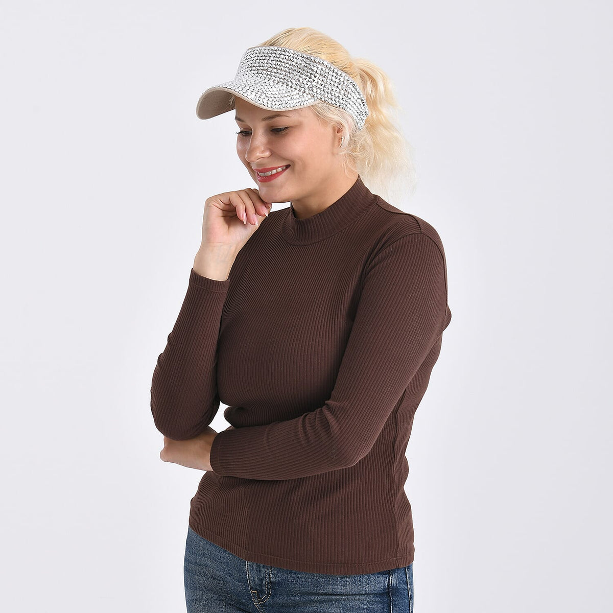 Rhinestone Baseball Visor Cap with Adjustable Strap (Head Size- 57-58cm) - Silver 8222978 3