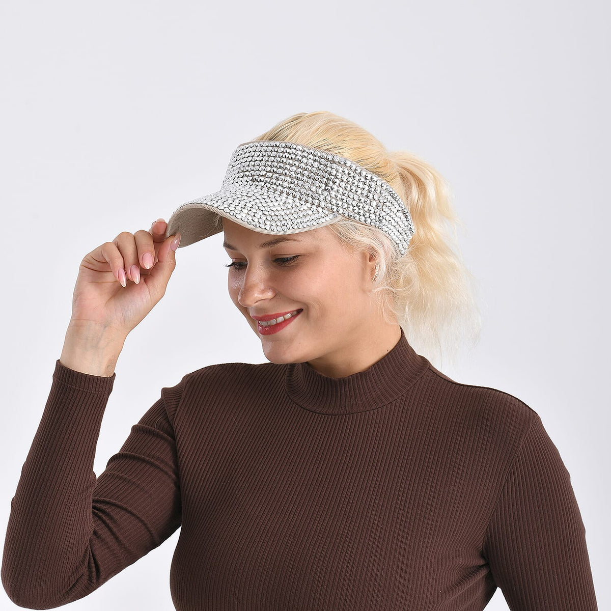 Rhinestone Baseball Visor Cap with Adjustable Strap (Head Size- 57-58cm) - Silver 8222978 4