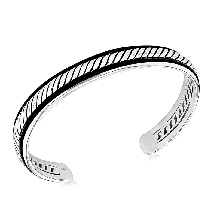 Sterling Silver Rhodium Plated 10mm Twist and Black Leather Bangle (Size - 6-7) 7312598 1