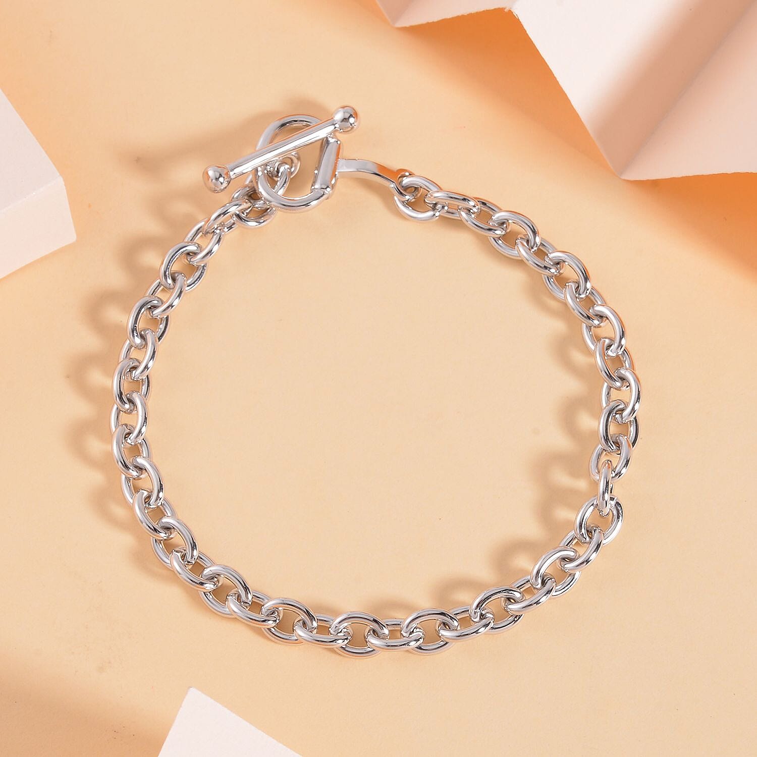 Designer Closeout Deal- Snaffle Link Clasp Rhodium Overlay Sterling Silver Cable Link Bracelet (Size - 7.5), Silver Wt. 13.4 Gms 7661989 2