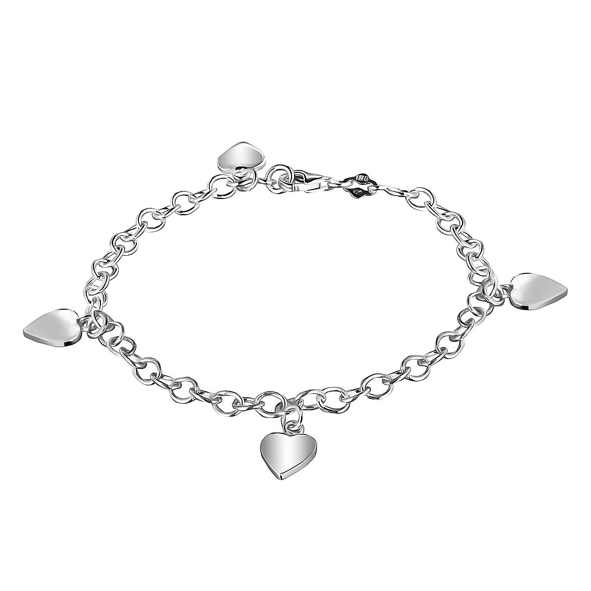 Sterling Silver Rhodium Plated 4.1mm Trace Chain Four Heart Charm Bracelet 7.5 Inch 7313051 0