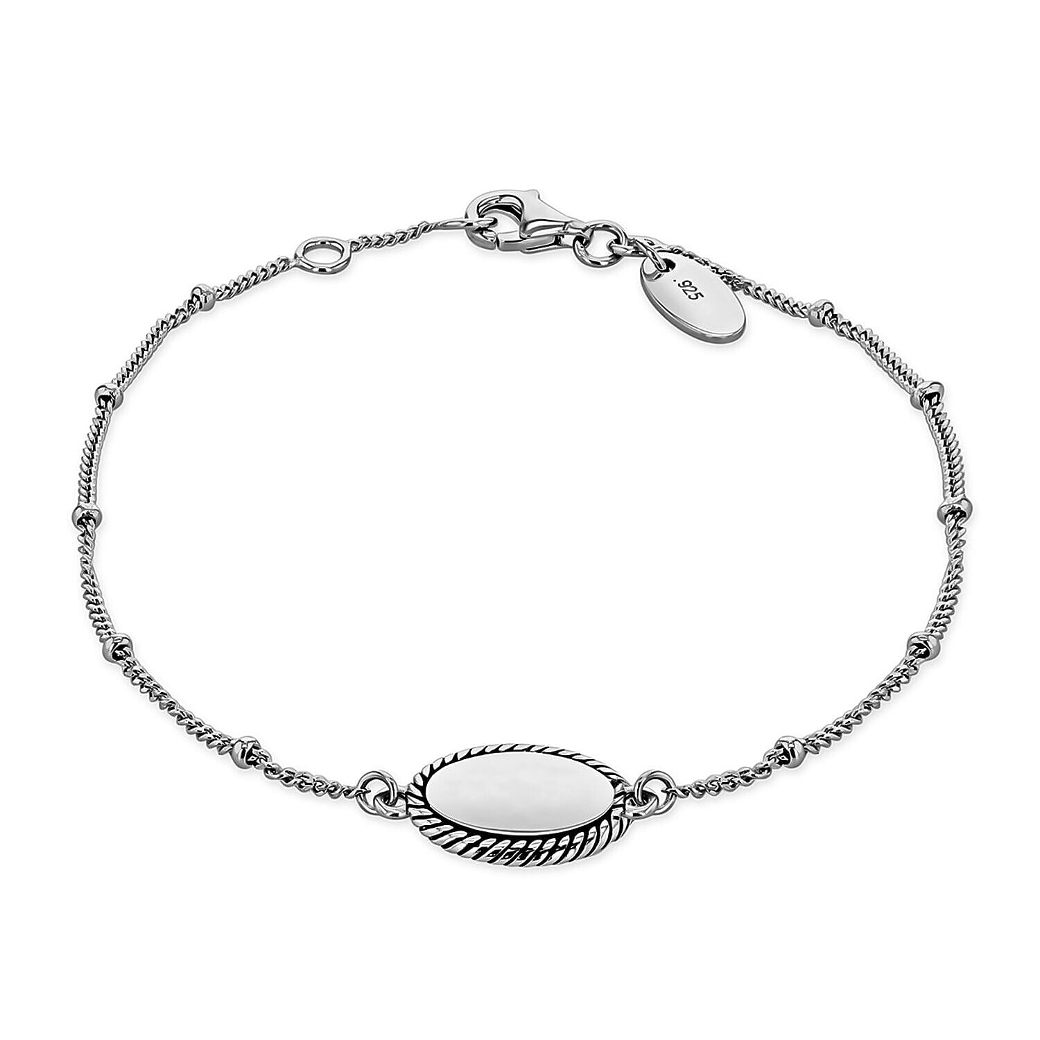 Sterling Silver Rhodium Plated 10mm x 13.5mm Twist Edge Oval Ball and Curb Chain Adjustable Bracelet 7 Inch to 7.5 Inch 7314891 0