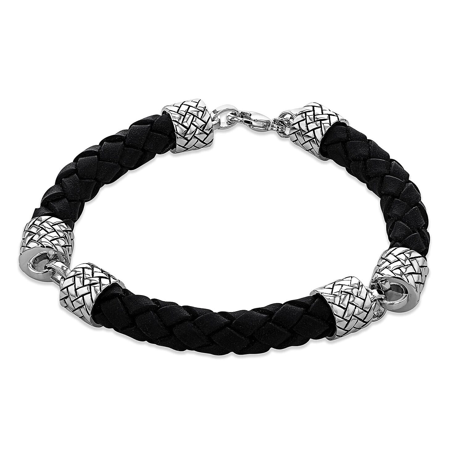 Sterling Silver Rhodium Plated 10mm 3Part Black Leather Herringbone Bracelet 8.5 Inch 7315062 0