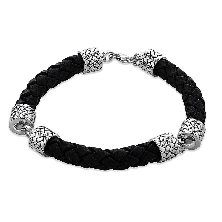 Sterling Silver Rhodium Plated 10mm 3Part Black Leather Herringbone Bracelet 8.5 Inch 7315062 1