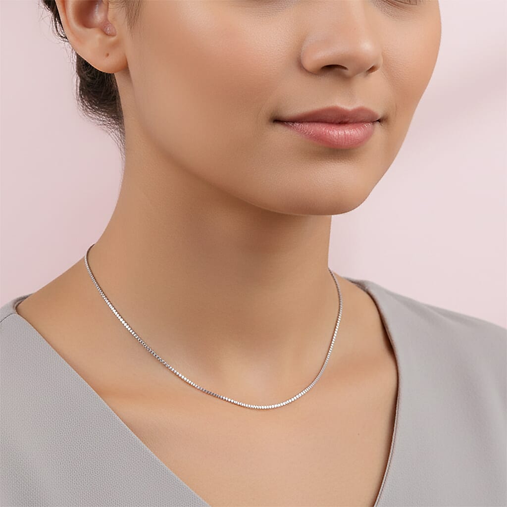 Close Out Deal - Rhodium Overlay Sterling Silver 0.4MM Box Chain (Size - 20) 8507346 3