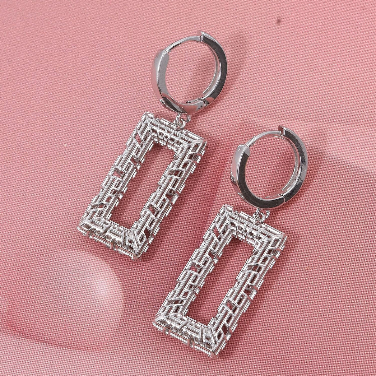 Treasure of Siam - Rhodium Overlay Geometric Rectangular Drop Sterling Silver Earring with Hoop 8239647 1