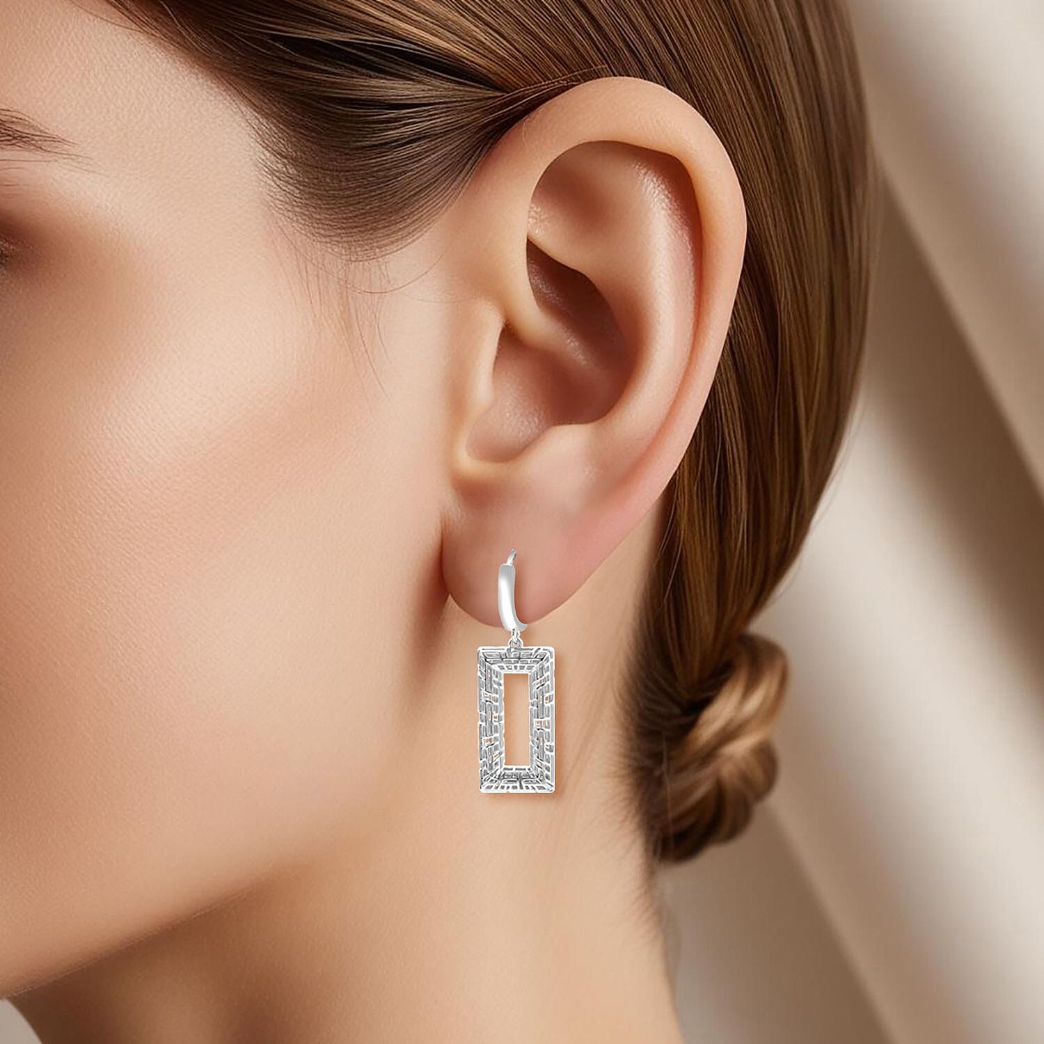Treasure of Siam - Rhodium Overlay Geometric Rectangular Drop Sterling Silver Earring with Hoop 8239647 2