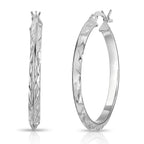 Rhodium Overlay Sterling Silver Diamond Cut Hoop Earrings