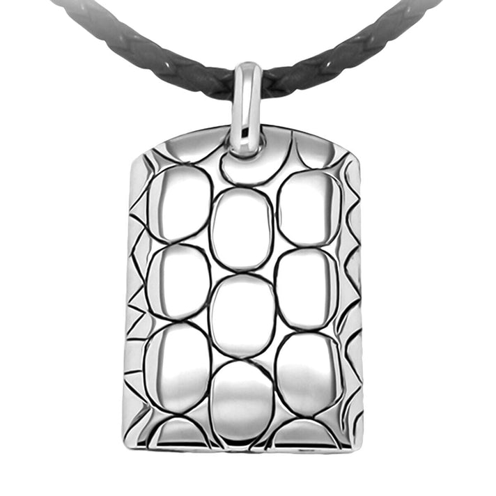 Sterling Silver Rhodium Plated Patterned Dog Tag Leather Cord Necklace 18 Inch 7317700 1