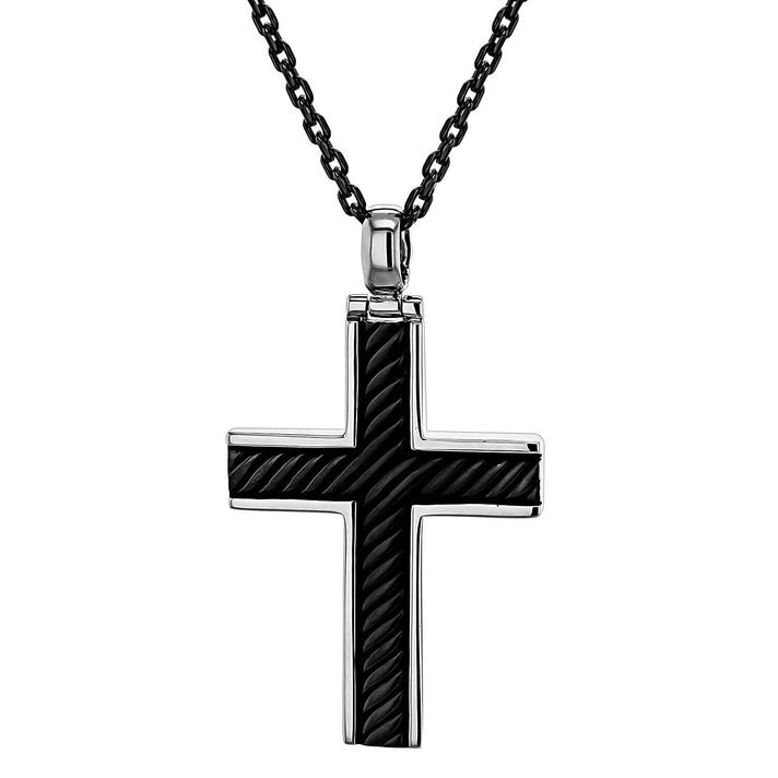 Sterling Silver Rhodium and Black Rhodium Plated 26.5mm x 46mm Twist Cross Adjustable Necklace 20 Inch to 22 Inch 7317613 1