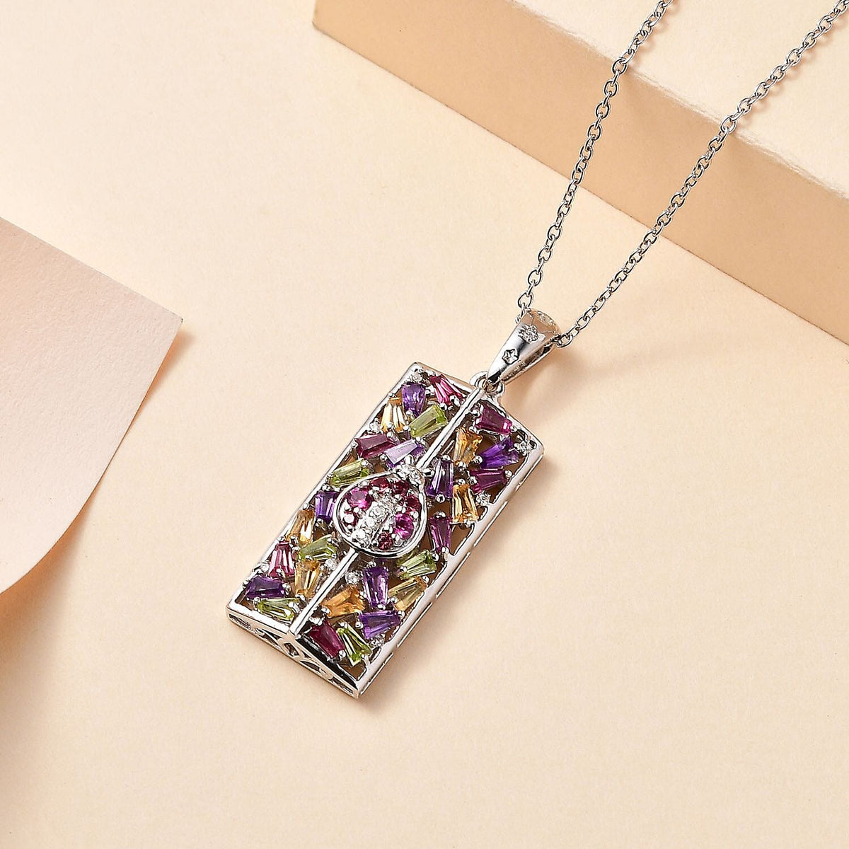 GP Italian Garden Collection - Multi Gemstone Pendant with Chain (Size 20) in Rhodium Overlay Sterling Silver 4274783 3