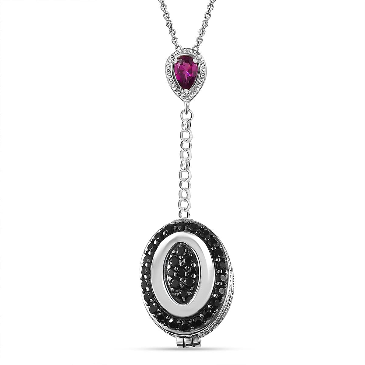 GP Italian Garden Collection - Rhodolite Garnet &amp; Boi Ploi Black Spinel Openable Hidden Locket Pendant with Chain (Size 20) in Platinum Overlay Sterling Silver 4.47 Ct, Silver Wt. 10.47 Gm 4267797 0