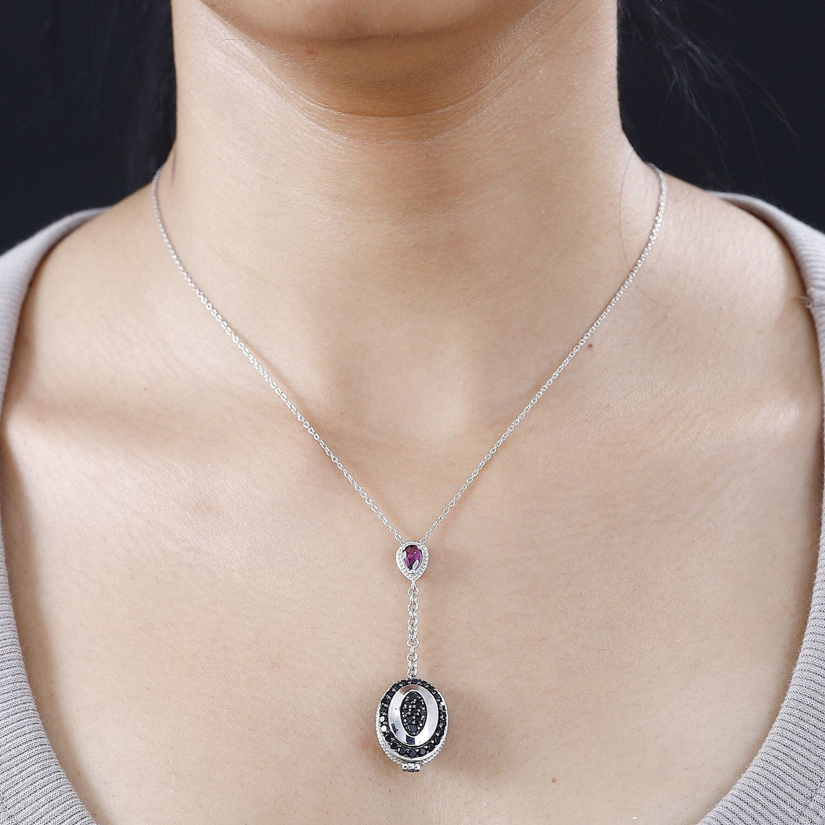 GP Italian Garden Collection - Rhodolite Garnet &amp; Boi Ploi Black Spinel Openable Hidden Locket Pendant with Chain (Size 20) in Platinum Overlay Sterling Silver 4.47 Ct, Silver Wt. 10.47 Gm 4267797 1