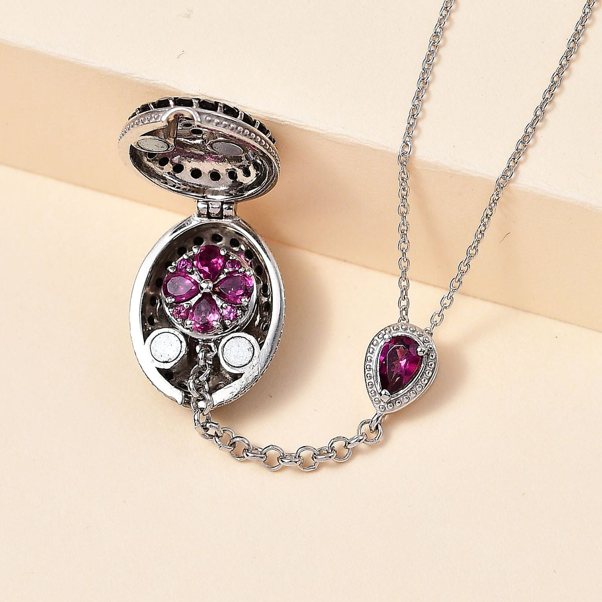GP Italian Garden Collection - Rhodolite Garnet &amp; Boi Ploi Black Spinel Openable Hidden Locket Pendant with Chain (Size 20) in Platinum Overlay Sterling Silver 4.47 Ct, Silver Wt. 10.47 Gm 4267797 2