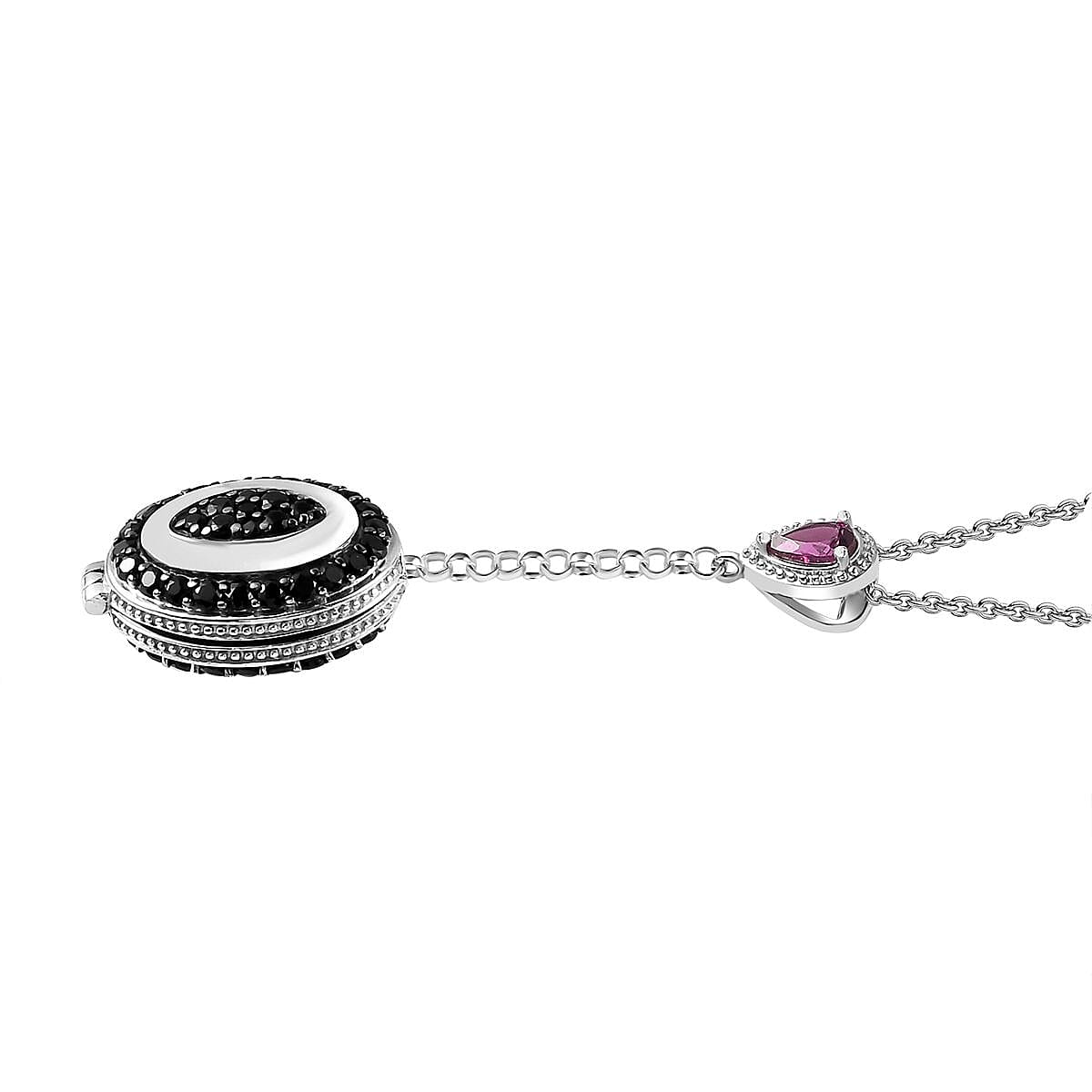 GP Italian Garden Collection - Rhodolite Garnet &amp; Boi Ploi Black Spinel Openable Hidden Locket Pendant with Chain (Size 20) in Platinum Overlay Sterling Silver 4.47 Ct, Silver Wt. 10.47 Gm 4267797 3