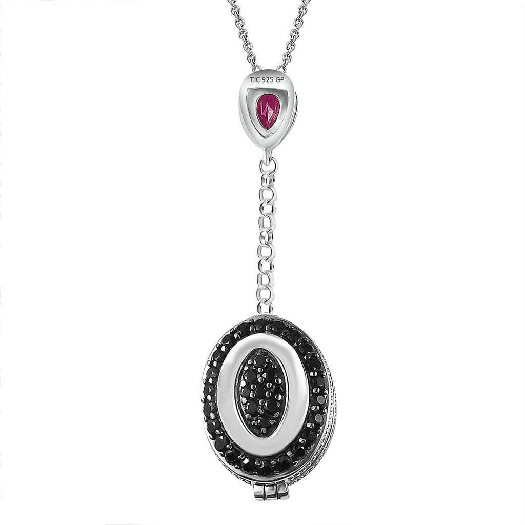 GP Italian Garden Collection - Rhodolite Garnet & Boi Ploi Black Spinel Openable Hidden Locket Pendant with Chain (Size 20) in Platinum Overlay Sterling Silver 4.47 Ct, Silver Wt. 10.47 Gm