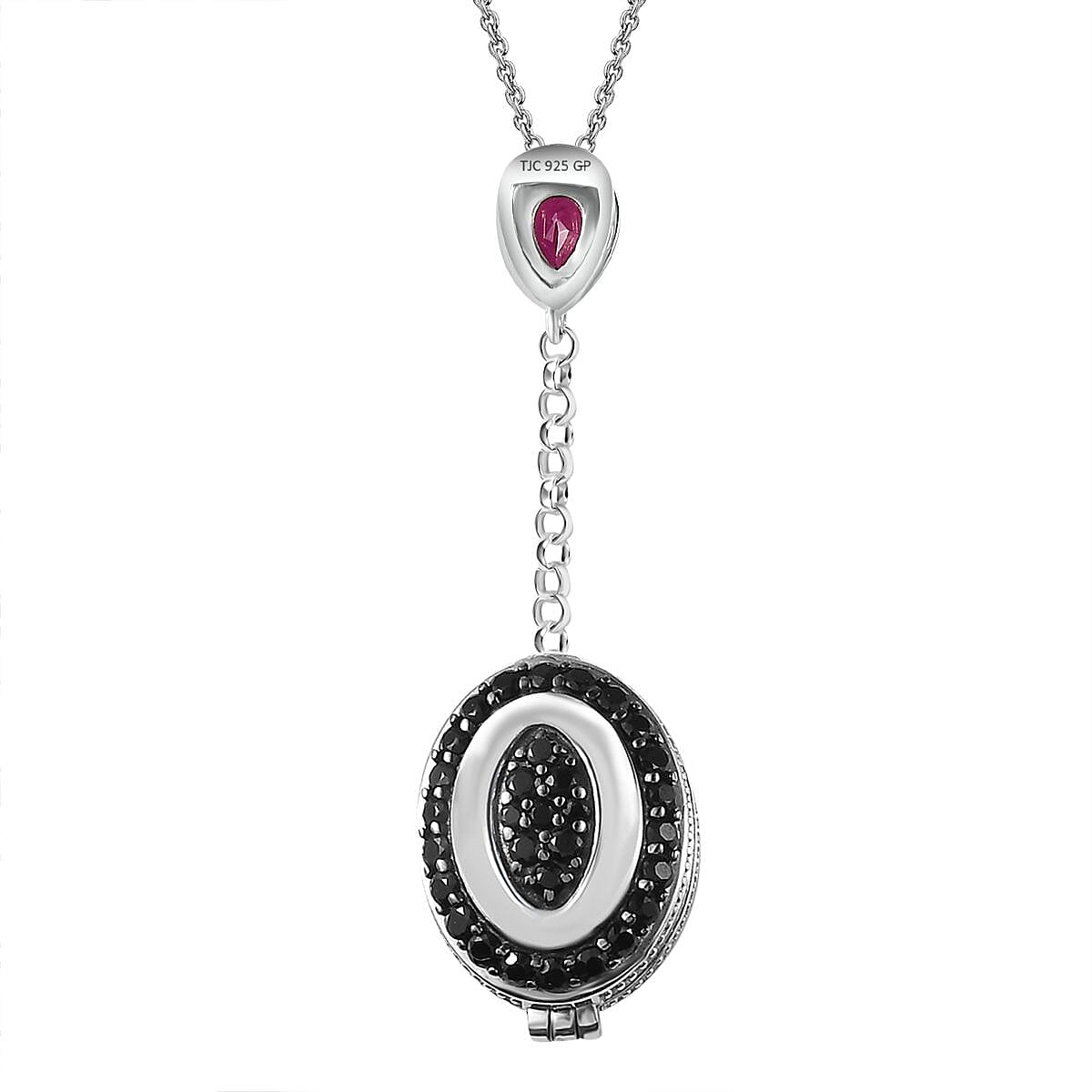 GP Italian Garden Collection - Rhodolite Garnet &amp; Boi Ploi Black Spinel Openable Hidden Locket Pendant with Chain (Size 20) in Platinum Overlay Sterling Silver 4.47 Ct, Silver Wt. 10.47 Gm 4267797 4