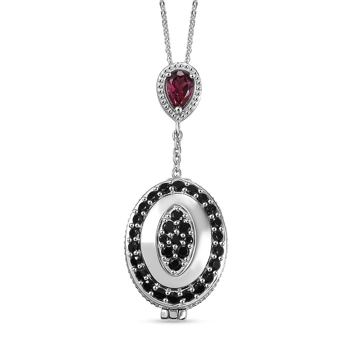 Rhodolite Garnet, Black Spinel Openable Pendant with Chain (Size - 20) in Rhodium Overlay Sterling Silver 4334366 0