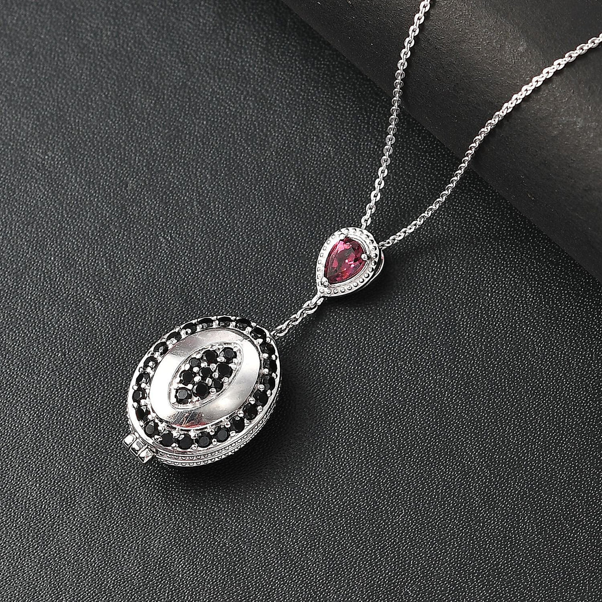 Rhodolite Garnet, Black Spinel Openable Pendant with Chain (Size - 20) in Rhodium Overlay Sterling Silver 4334366 2