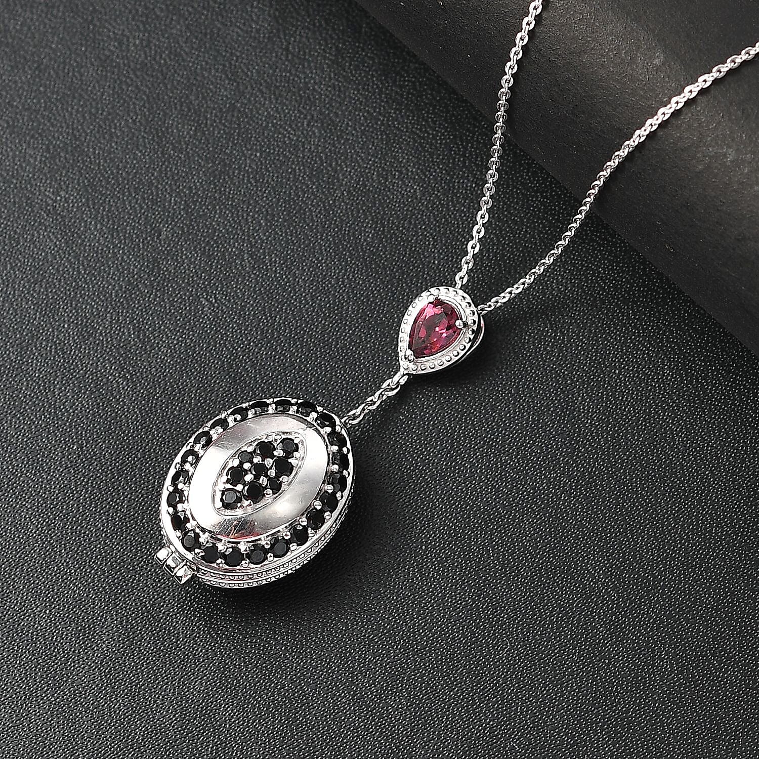Rhodolite Garnet, Black Spinel Openable Pendant with Chain (Size - 20) in Rhodium Overlay Sterling Silver 4334366 2