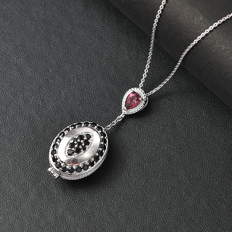 Rhodolite Garnet, Black Spinel Openable Pendant with Chain (Size - 20) in Rhodium Overlay Sterling Silver 4334366 2