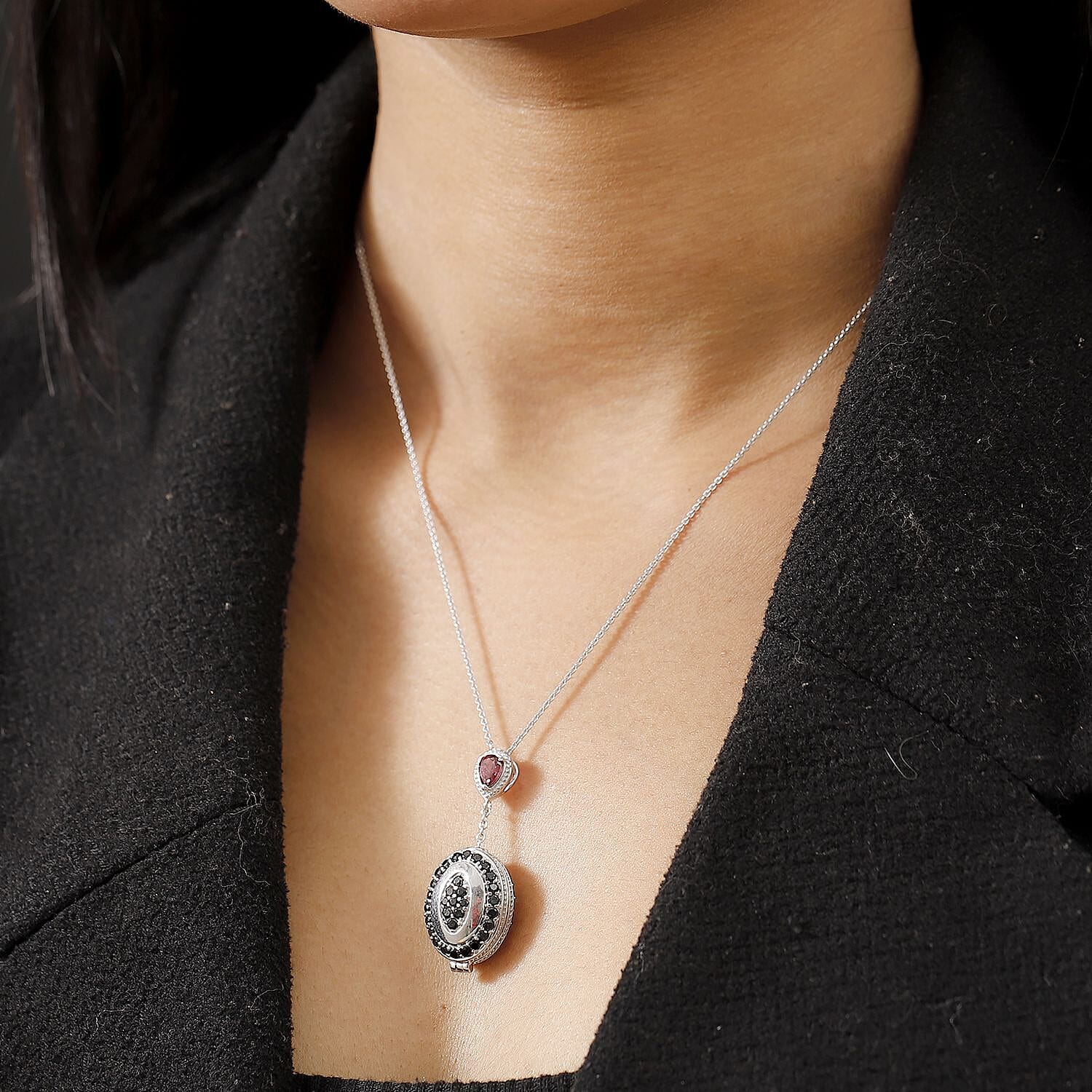 Rhodolite Garnet, Black Spinel Openable Pendant with Chain (Size - 20) in Rhodium Overlay Sterling Silver 4334366 3