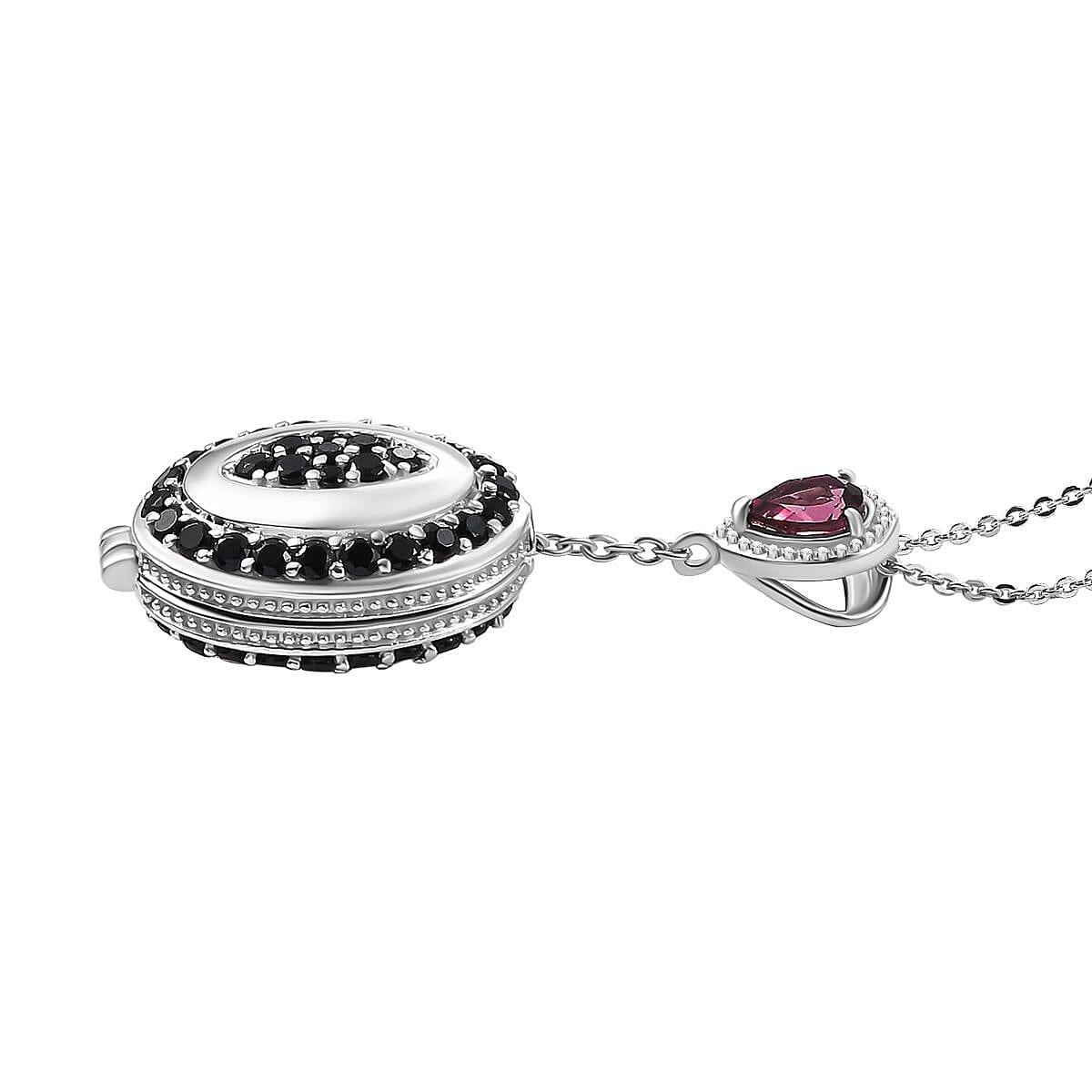 Rhodolite Garnet, Black Spinel Openable Pendant with Chain (Size - 20) in Rhodium Overlay Sterling Silver 4334366 4