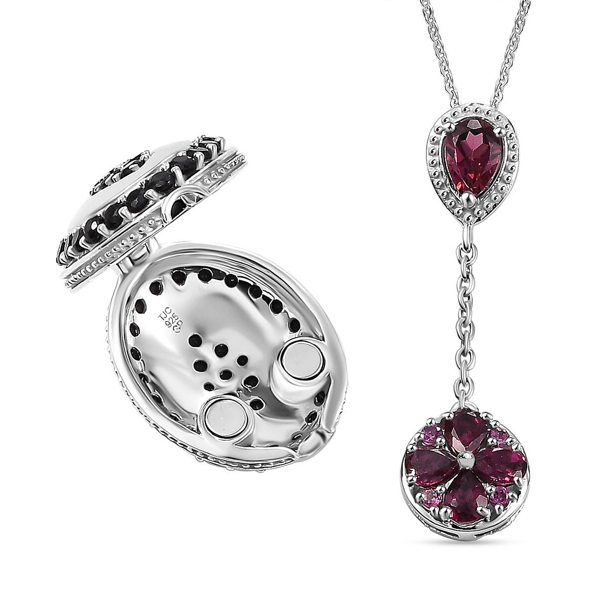 Rhodolite Garnet, Black Spinel Openable Pendant with Chain (Size - 20) in Rhodium Overlay Sterling Silver 4334366 5