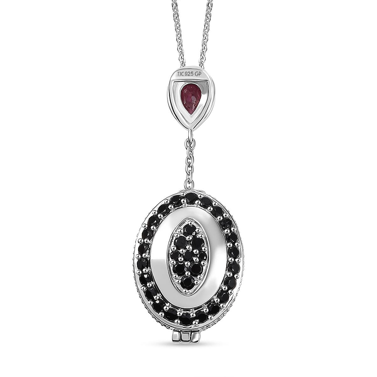 Rhodolite Garnet, Black Spinel Openable Pendant with Chain (Size - 20) in Rhodium Overlay Sterling Silver 4334366 6