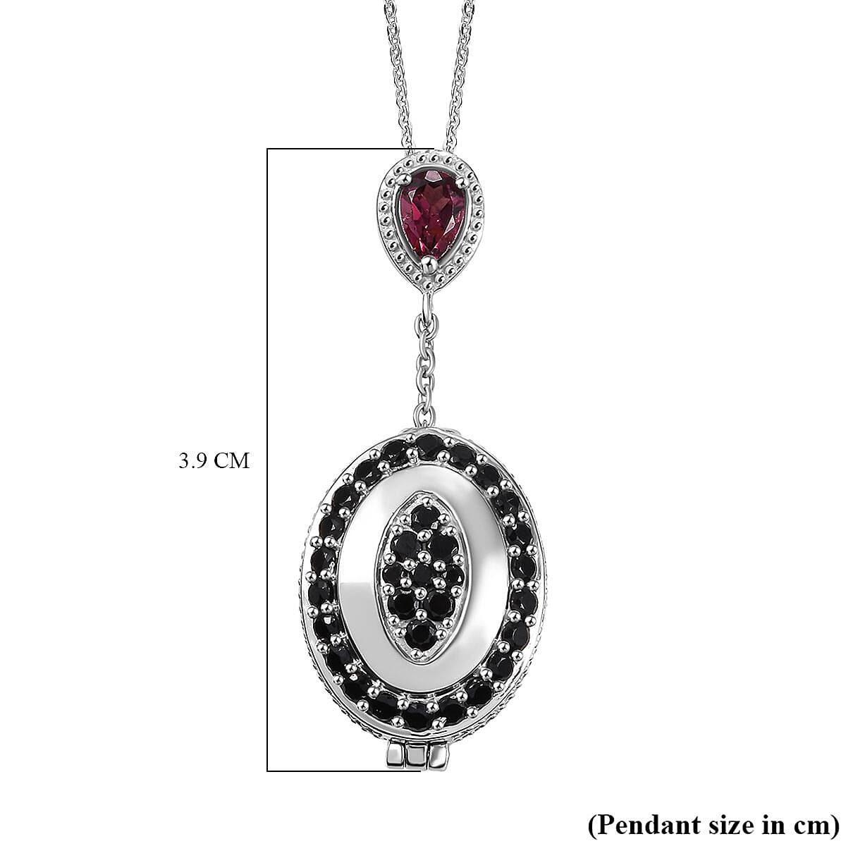 Rhodolite Garnet, Black Spinel Openable Pendant with Chain (Size - 20) in Rhodium Overlay Sterling Silver 4334366 8