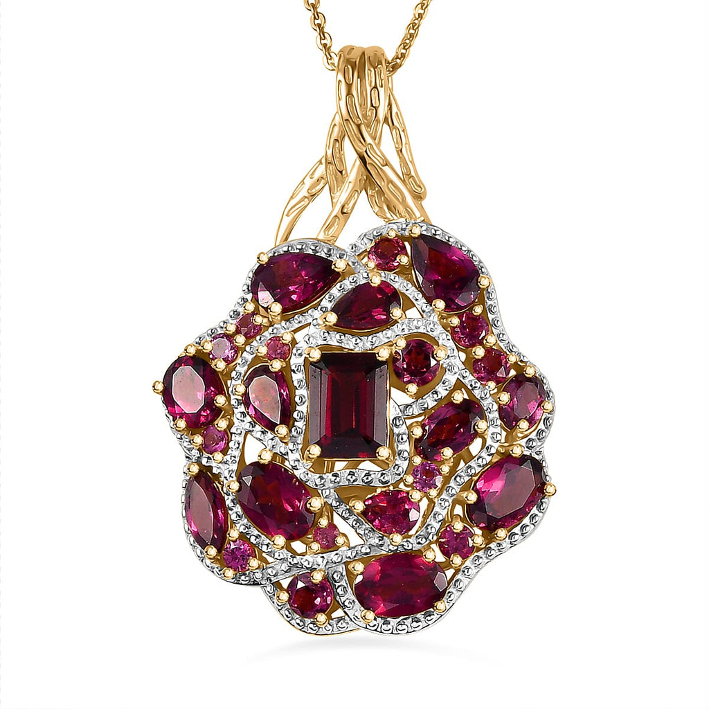 GP Italian Garden Collection - Rhodolite Garnet Cluster Pendant with Chain (Size 20) in 18K Gold Vermeil Plated Sterling Silver 8.07 Ct