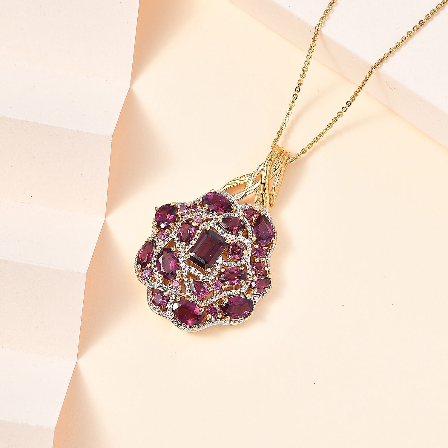 GP Italian Garden Collection - Rhodolite Garnet Cluster Pendant with Chain (Size 20) in 18K Gold Vermeil Plated Sterling Silver 4270628 3