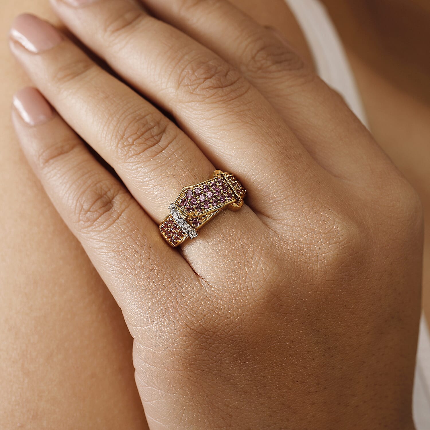 GP Royal Art Deco Collection - Rhodolite Garnet, White Zircon Buckle Ring in 18K Vermeil Yellow Gold Plated Sterling Silver 1.41 Ct. 7967404 3