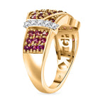 GP Royal Art Deco Collection - Rhodolite Garnet, Blue Sapphire & White Zircon Cluster Ring in 18K Vermeil Yellow Gold Plated Sterling Silver 1.41 Ct.