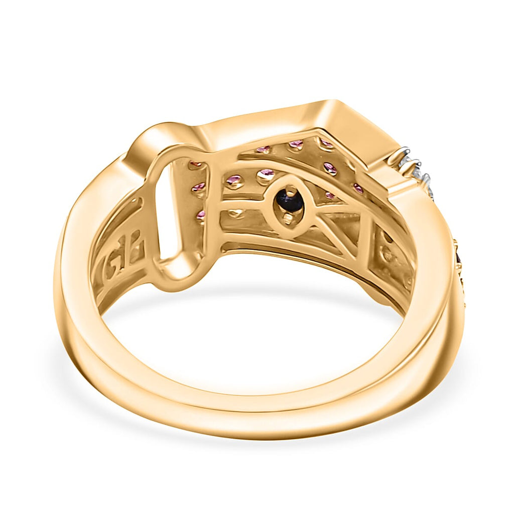 GP Royal Art Deco Collection - Rhodolite Garnet, Blue Sapphire & White Zircon Cluster Ring in 18K Vermeil Yellow Gold Plated Sterling Silver 1.41 Ct.