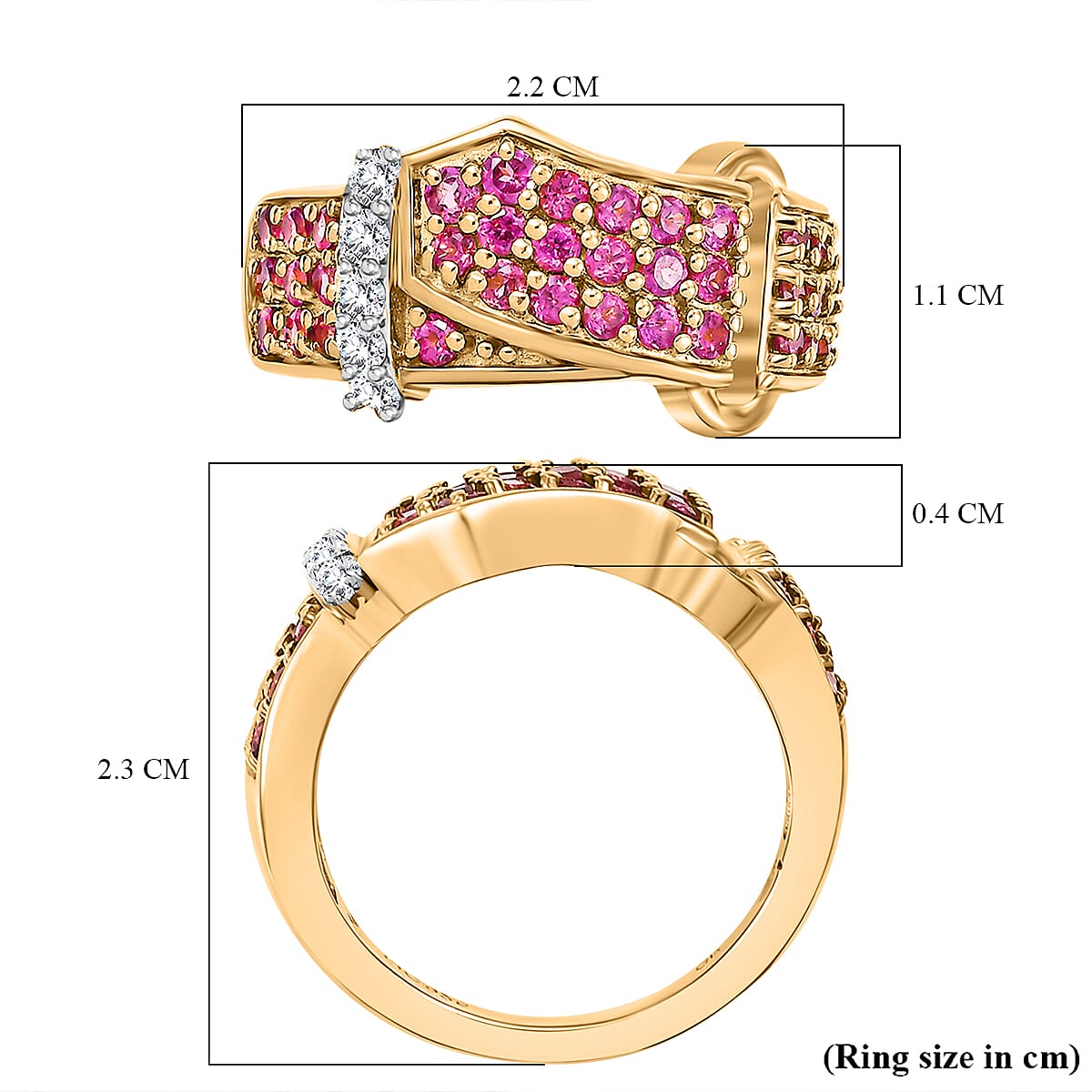 GP Royal Art Deco Collection - Rhodolite Garnet, White Zircon Buckle Ring in 18K Vermeil Yellow Gold Plated Sterling Silver 1.41 Ct. 7967404 6