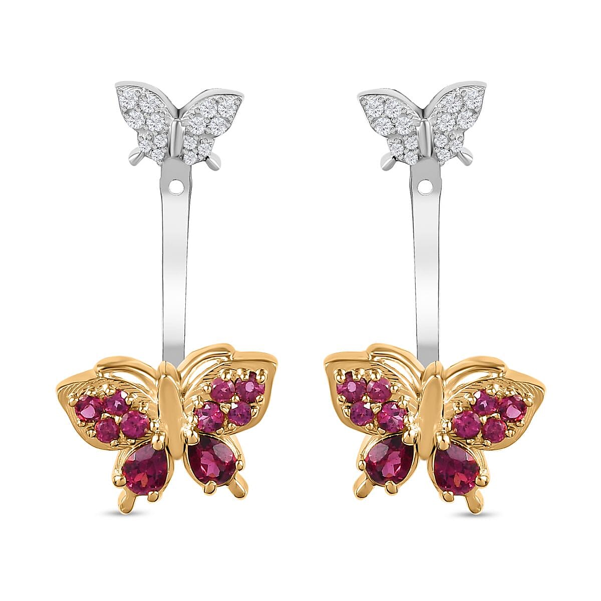 GP Italian Garden Collection: Rhodolite Garnet, White Zircon Solitaire Stud Butterfly Earring in Platinum and 18K Vermeil Yellow Gold Plated Sterling Silver 7731186 0
