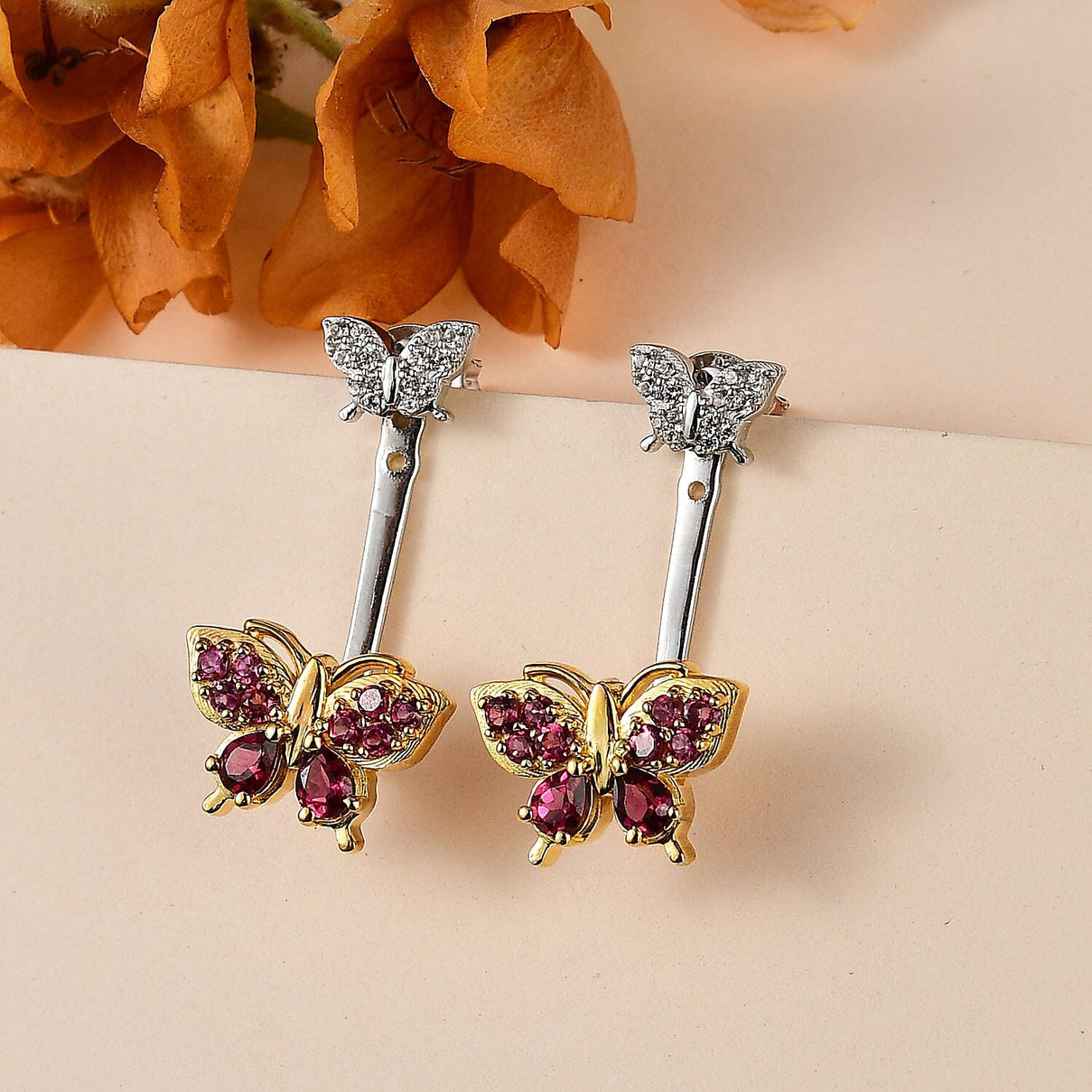 GP Italian Garden Collection: Rhodolite Garnet, White Zircon Solitaire Stud Butterfly Earring in Platinum and 18K Vermeil Yellow Gold Plated Sterling Silver 7731186 1