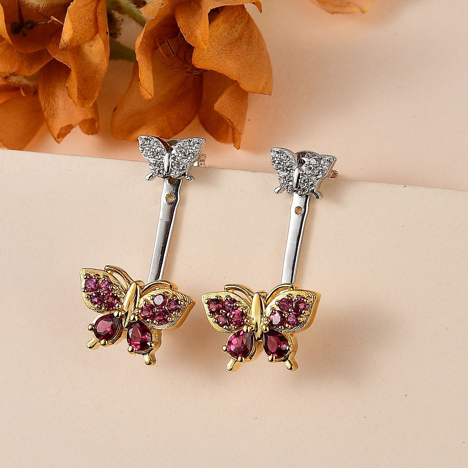 GP Italian Garden Collection: Rhodolite Garnet, White Zircon Solitaire Stud Butterfly Earring in Platinum and 18K Vermeil Yellow Gold Plated Sterling Silver 7731186 1