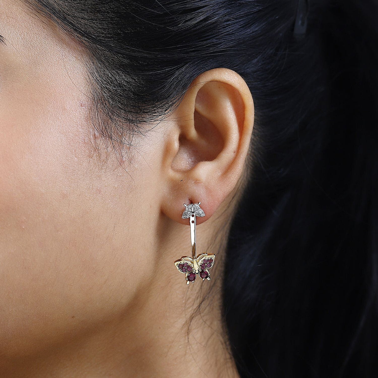 GP Italian Garden Collection: Rhodolite Garnet, White Zircon Solitaire Stud Butterfly Earring in Platinum and 18K Vermeil Yellow Gold Plated Sterling Silver 7731186 2