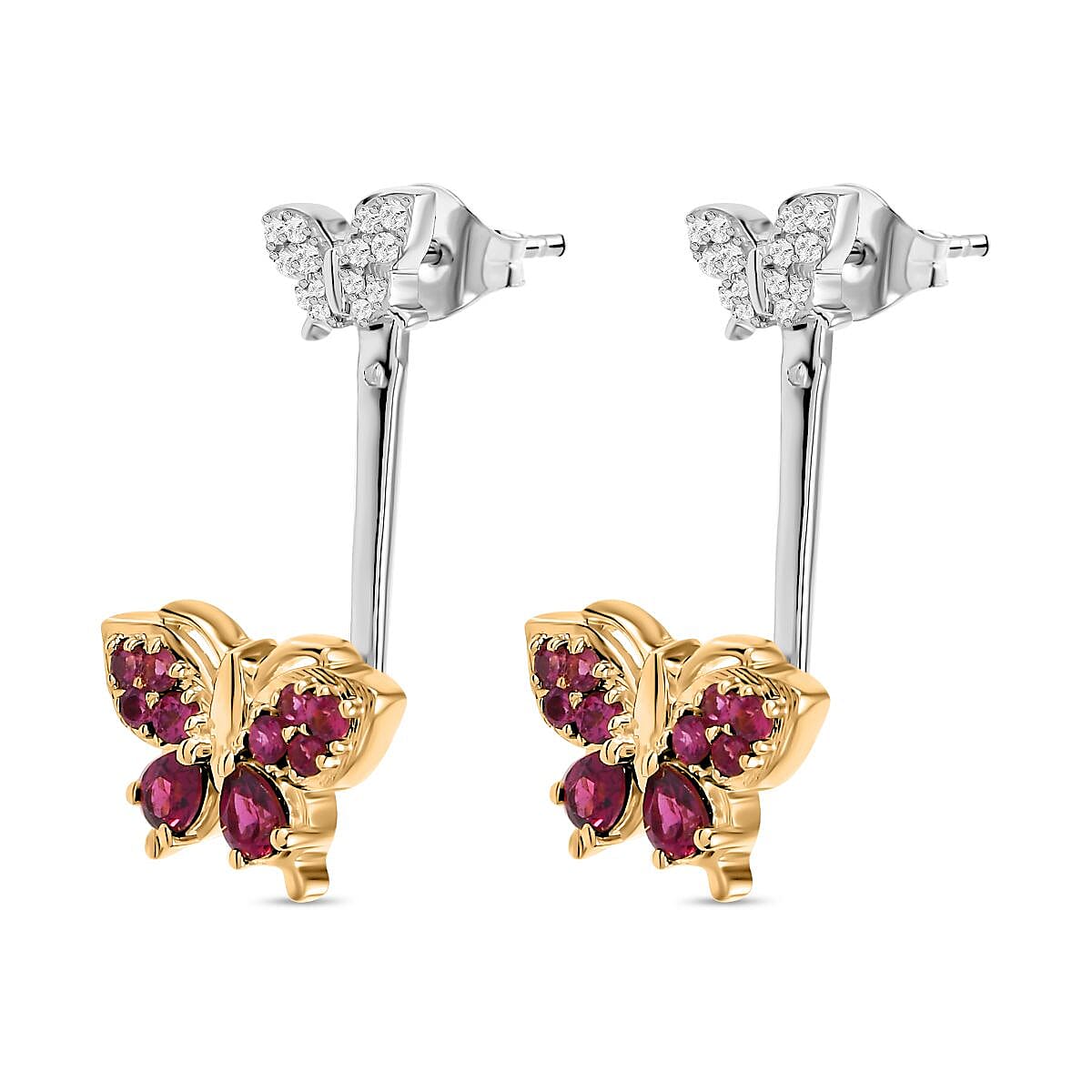 GP Italian Garden Collection: Rhodolite Garnet, White Zircon Solitaire Stud Butterfly Earring in Platinum and 18K Vermeil Yellow Gold Plated Sterling Silver 7731186 3