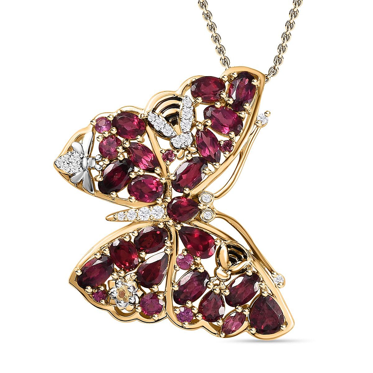 GP Italian Garden Collection - Rhodolite Garnet, Citrine, White Zircon Pendant with Chain (Size 20) in Platinum and 18K Vermeil Yellow Gold Plated Sterling Silver 4235953 0