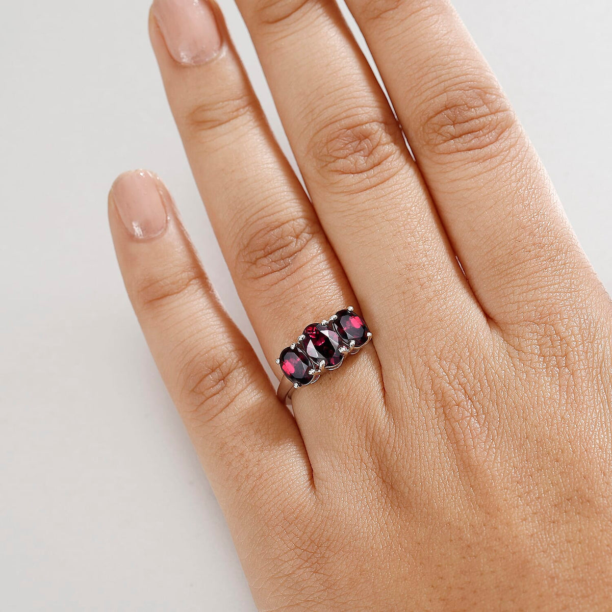 Natural Orissa Rhodolite Garnet Trilogy Ring in Rhodium Overlay Sterling Silver 3.50 Ct. 8037172 3
