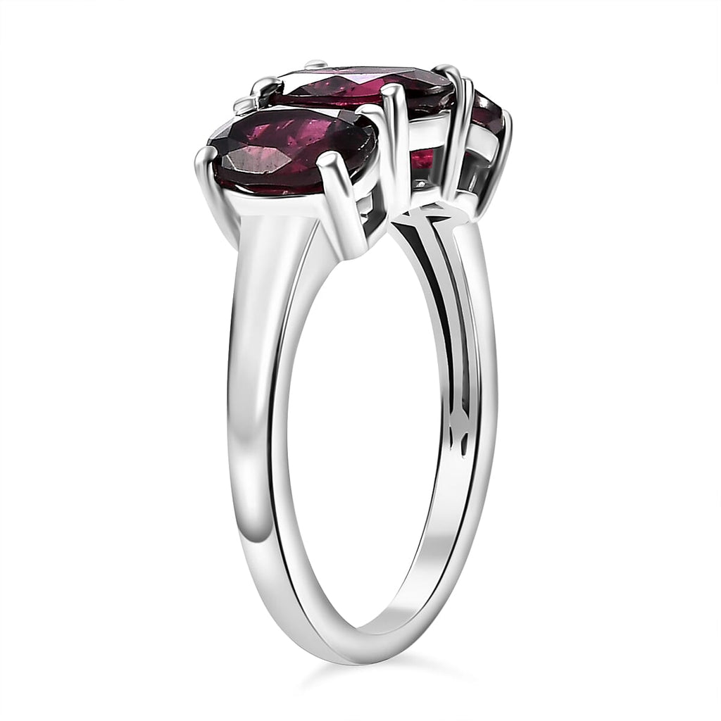 Orissa Natural Rhodolite Garnet Trilogy Ring in Rhodium Overlay Sterling Silver 3.50 Ct.