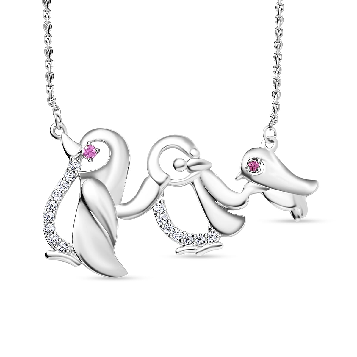 Rhodolite Garnet, Moissanite Penguin Necklace (Size - 20) in Rhodium Overlay Sterling Silver 7833313 0