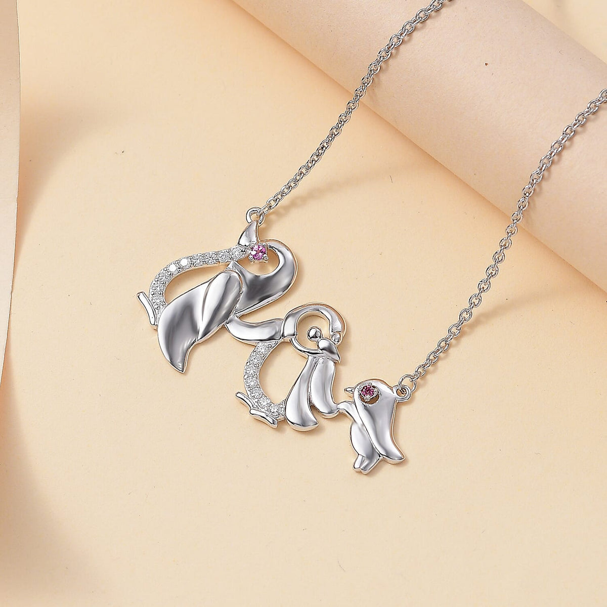 Rhodolite Garnet, Moissanite Penguin Necklace (Size - 20) in Rhodium Overlay Sterling Silver 7833313 1