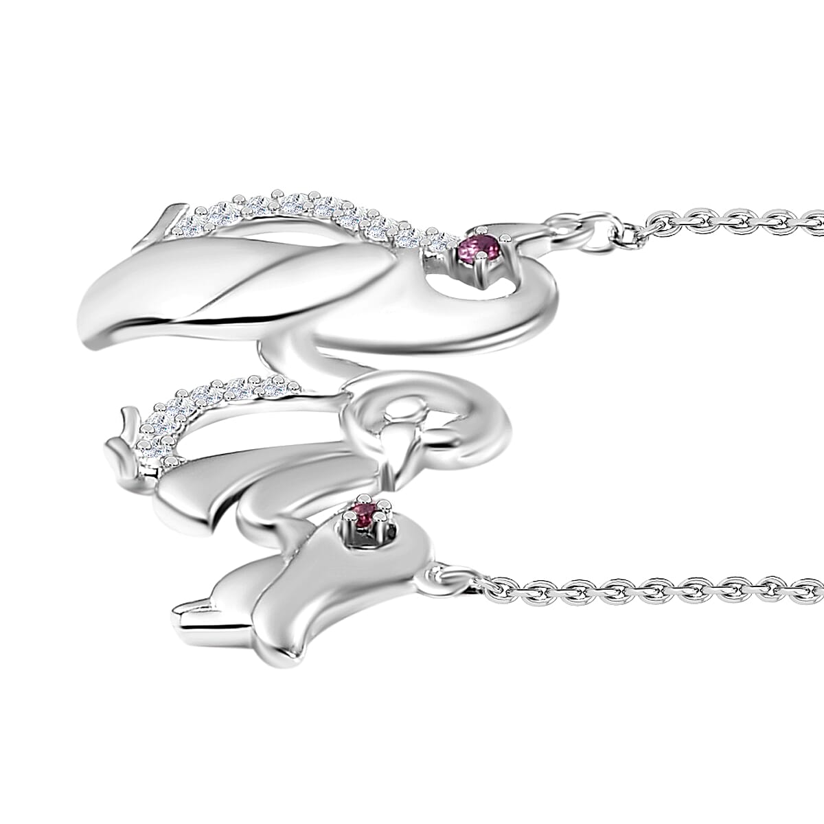 Rhodolite Garnet, Moissanite Penguin Necklace (Size - 20) in Rhodium Overlay Sterling Silver 7833313 3